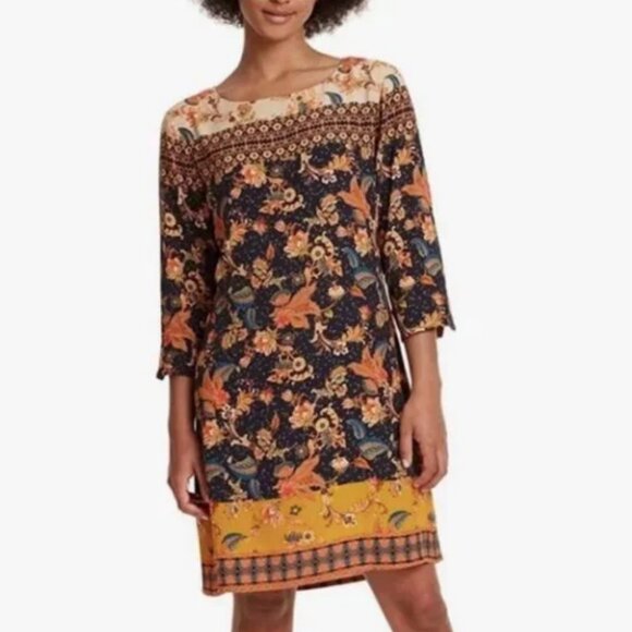 Desigual Paula Floral Shift Dress Black Gold Yellow Orange Size 36 / US 4 - Picture 1 of 15